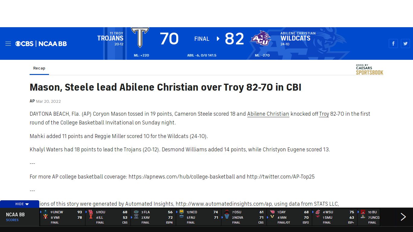 Troy Trojans vs. Abilene Christian Wildcats Live Score and Stats ...